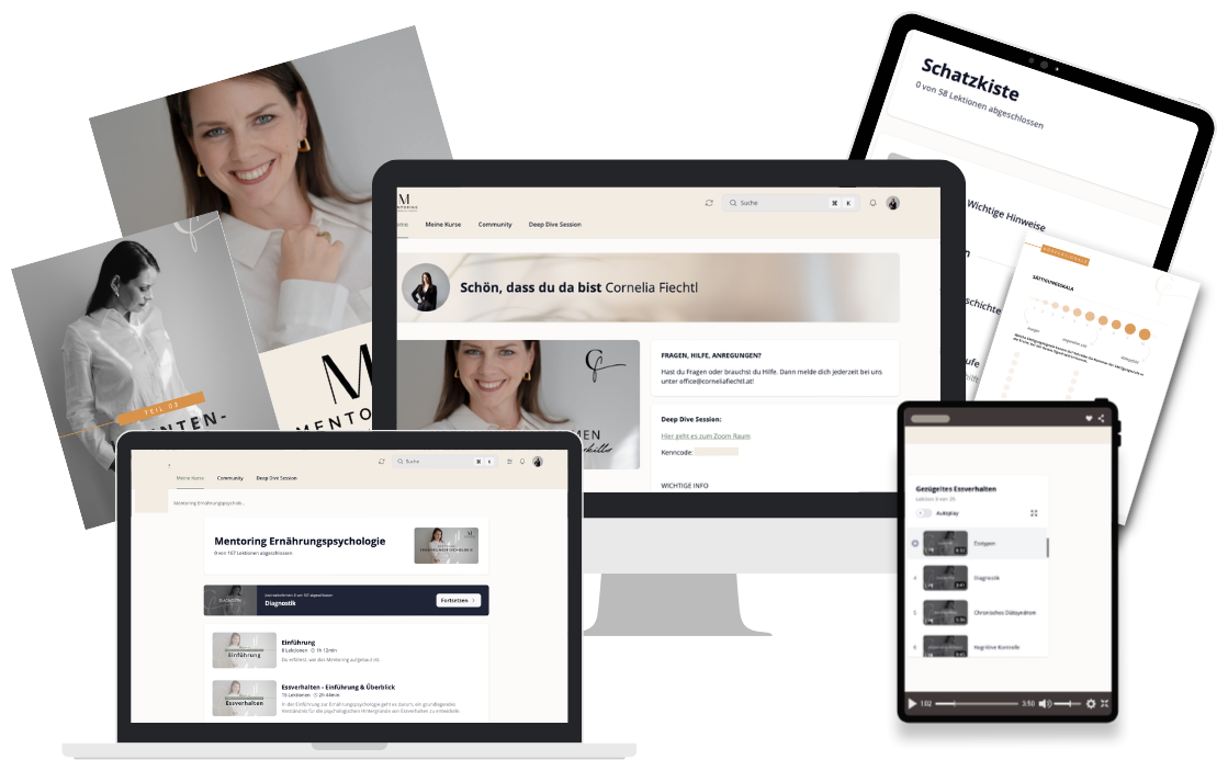 Die E-Learning-Plattform des Lehrgangs auf Laptop, Monitor, Tablet und Handy
