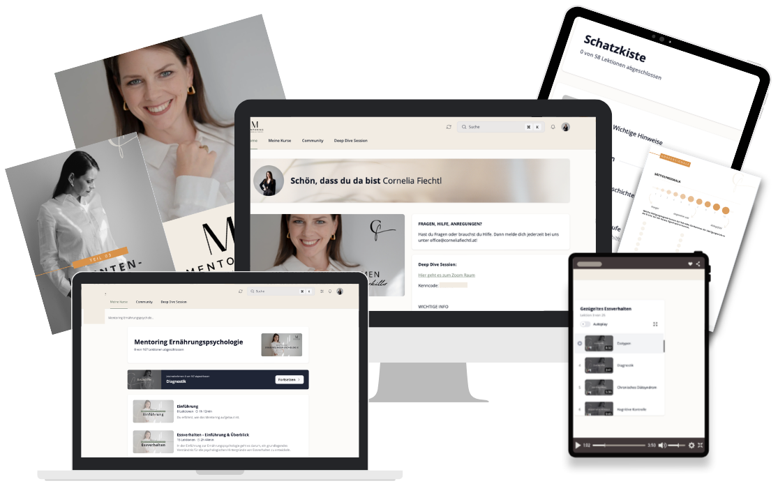 Die Mentoring-Plattform mit Kursen, Schatzkiste und Live-Sessions auf Laptop, Monitor und Tablets